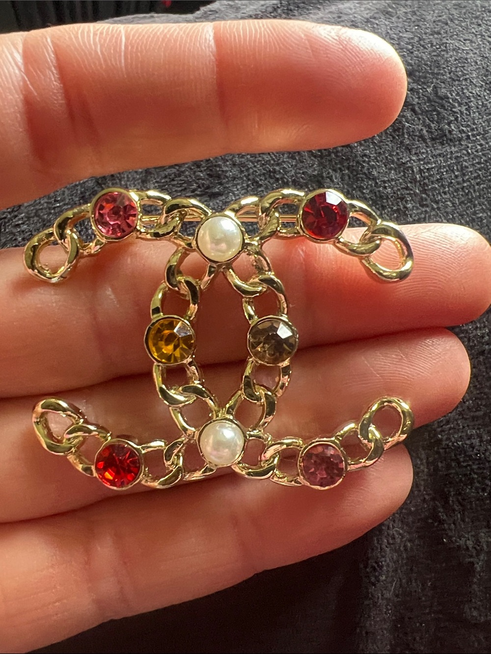Gold-Tone Crystal Chain Logo Brooch - Multicolor - Picture 6 of 8